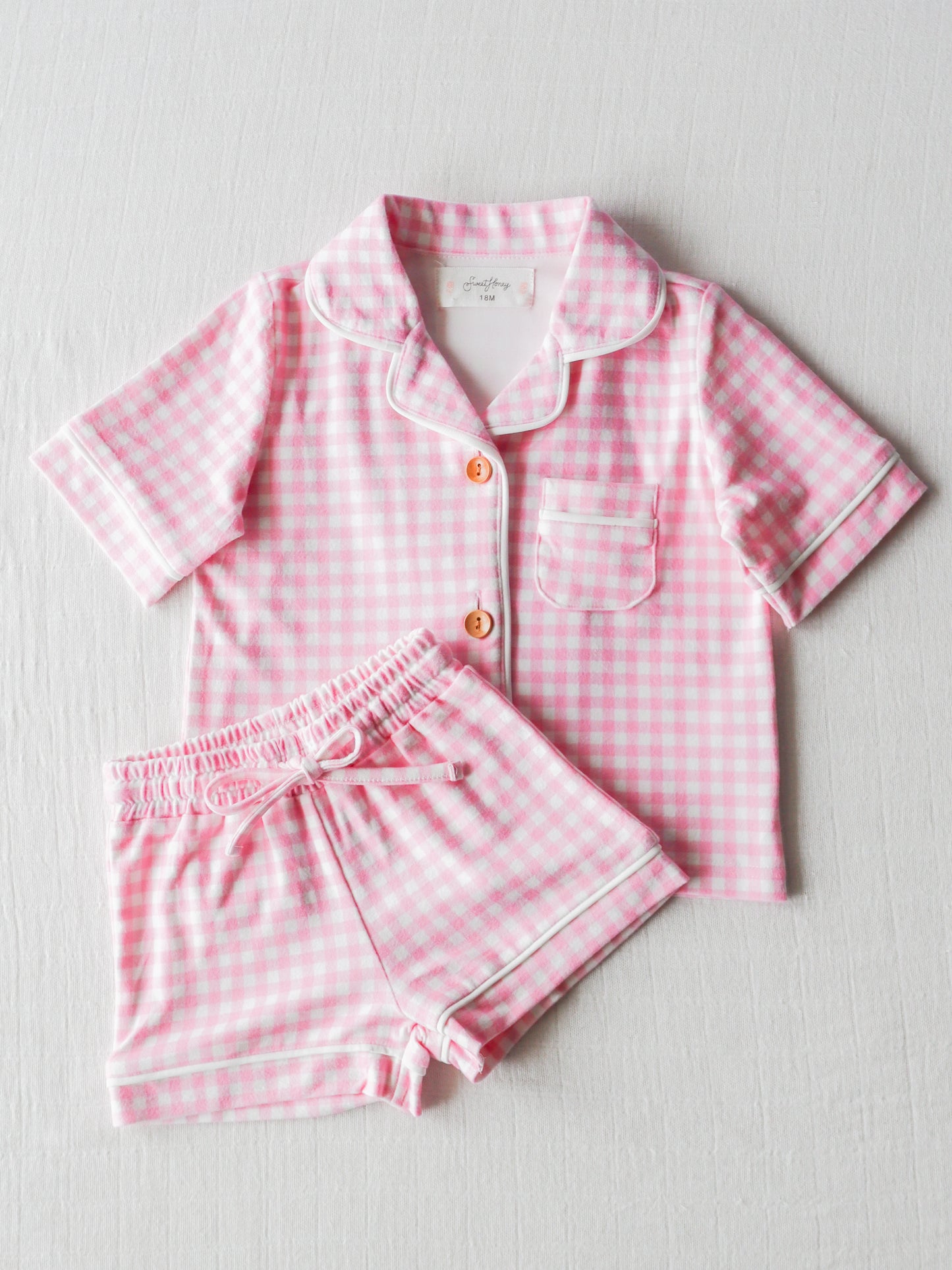 Baby Girls Pink Checkered Buttons Top Shirt Shorts Pajamas Clothes Sets preorder (moq 5)