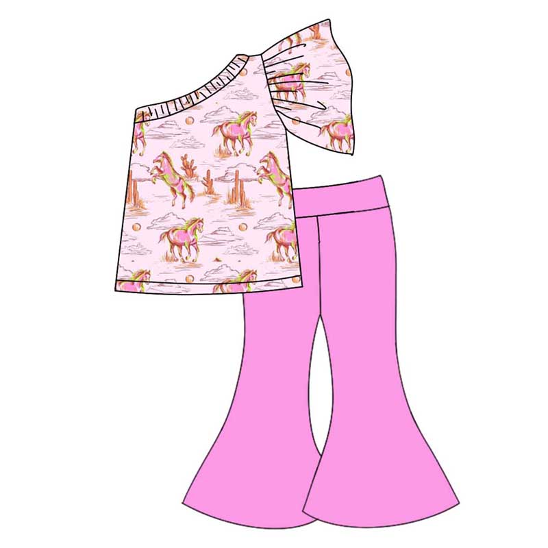 Baby Kids Pink Western Horse Rodeo Top Bell Pants Girls Clothing Sets preorder(MOQ 5)