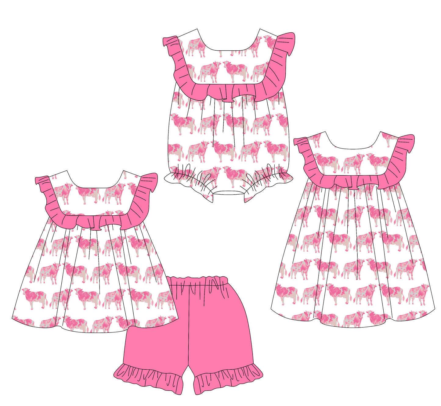 Preorder moq 5 Custom Baby Girls Pink Sleeveless Cows Tunic Ruffle Short Set Dress And Rompers