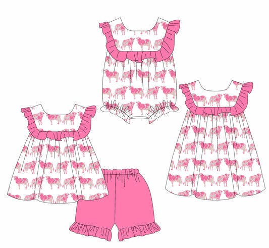 Preorder moq 5 Custom Baby Girls Pink Sleeveless Cows Tunic Ruffle Short Set Dress And Rompers