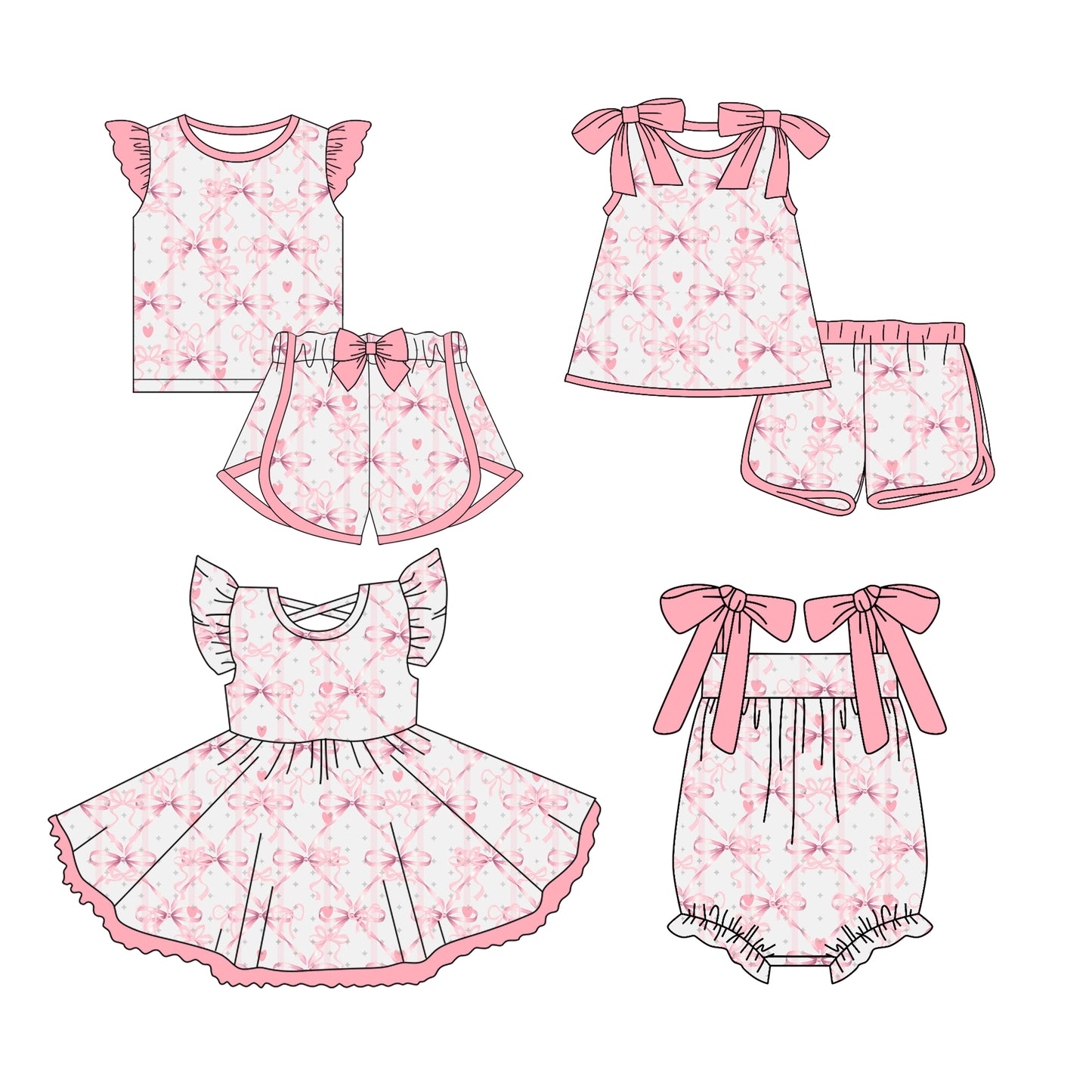 Preorder moq 5 Custom Baby Girls Pink Bows Flowers Top Short Sets Knee Length Dress Ruffle Rompers