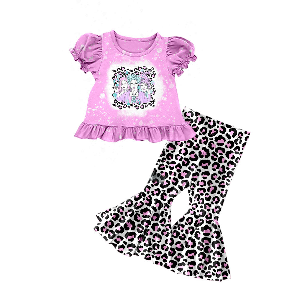 Baby Girls Pink Leopard Witche Tops Bell Pants Clothes Sets Preorder(moq 5)