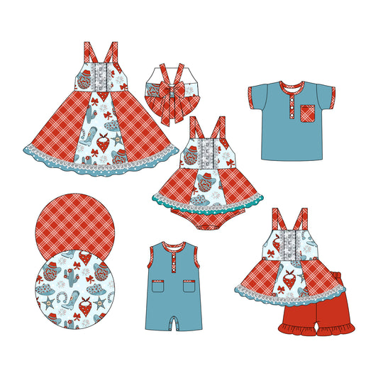Preorder moq 5 Custom Baby Kids Strap Boots Cactus Plaid Tunic Ruffle Short Set Button Pocket Polo Shirts Rompers Knee Length Dress And Bummies Set