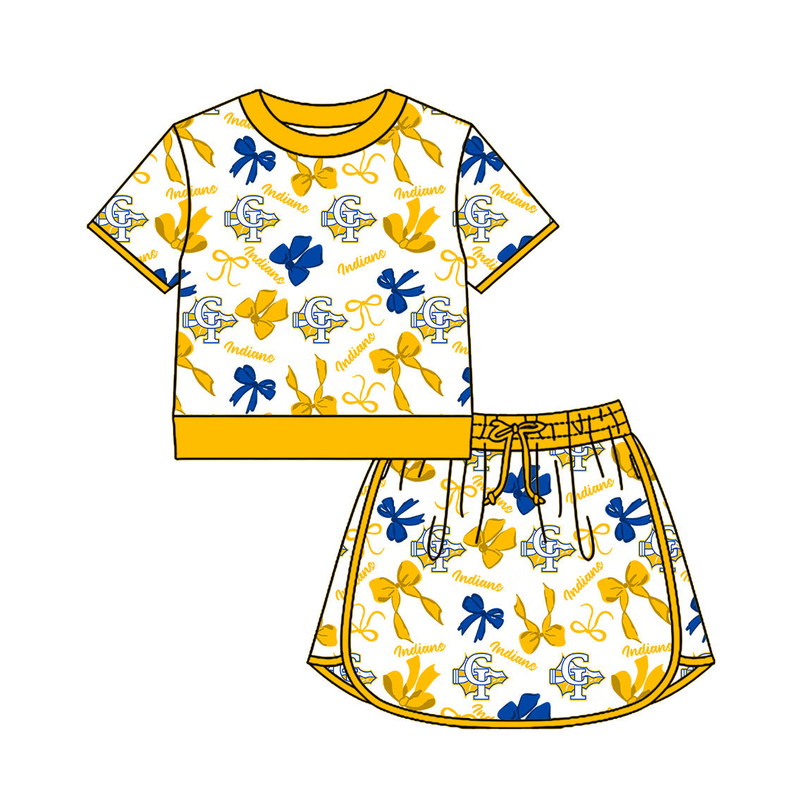 Preorder (moq 5)Baby Girls Bows CI Indians Top Skirt Short Team Clothes Set