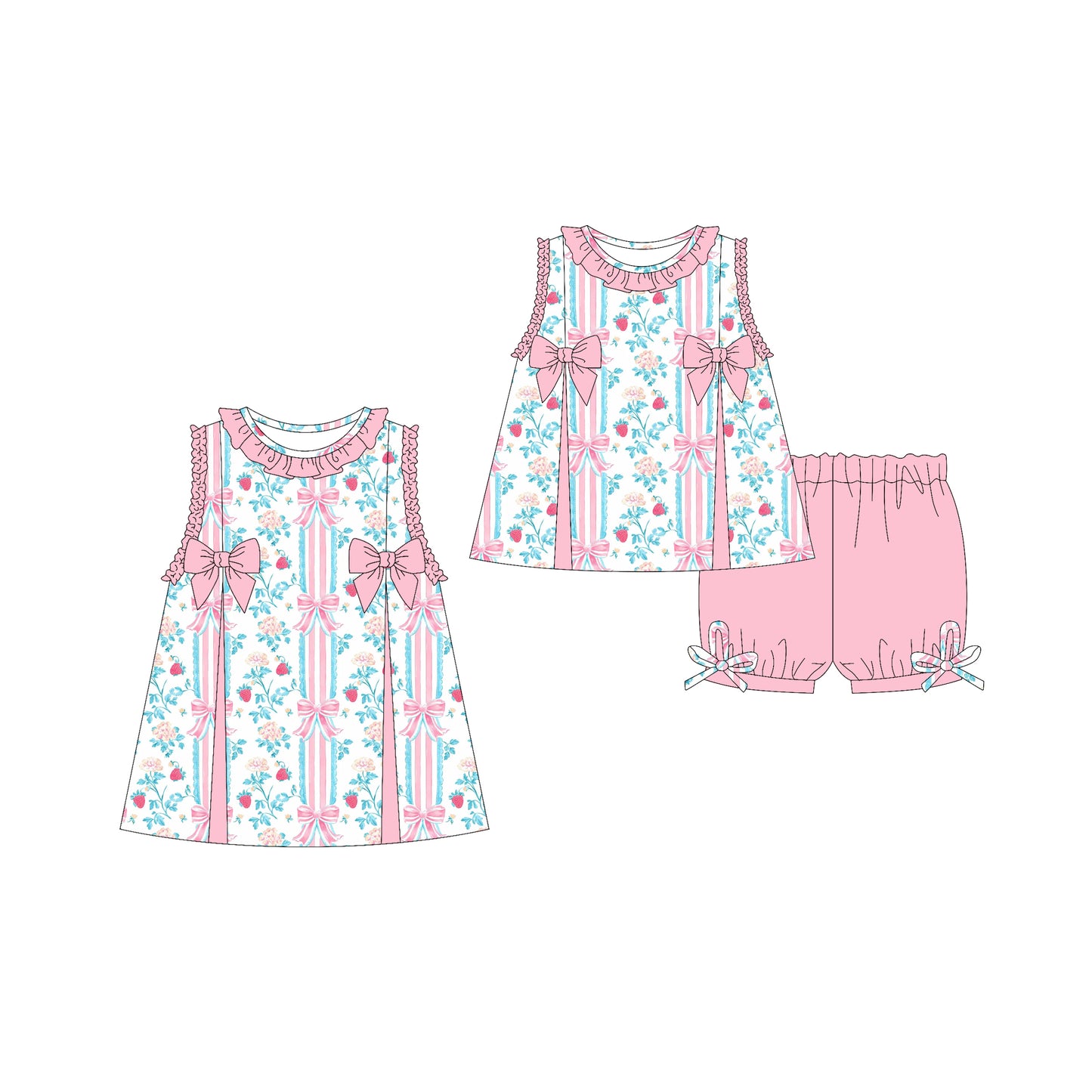 Preorder moq 5 Custom Baby Girls Sleeveless Bows Stripe Tunic Pink Ruffle Short Set Knee Length Dresses