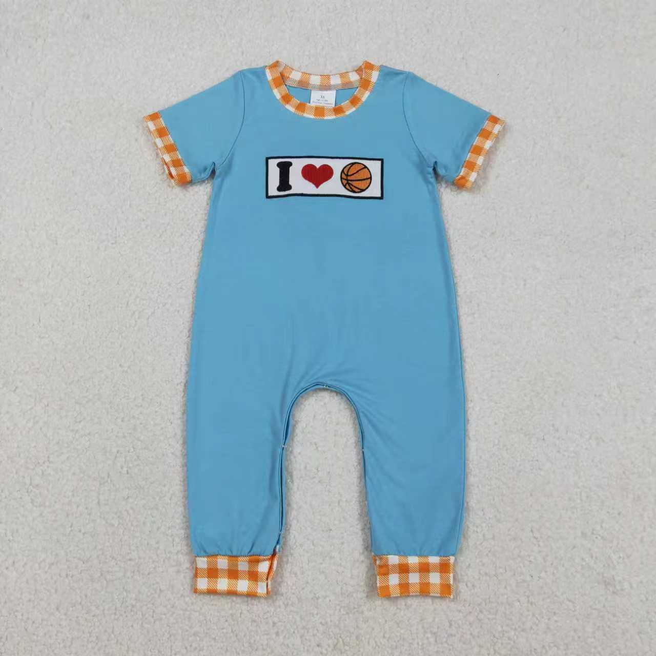 Sibling Baby Boys Embroidery I Love Balls Top Checked Pants Team Clothes Set Footie Rompers