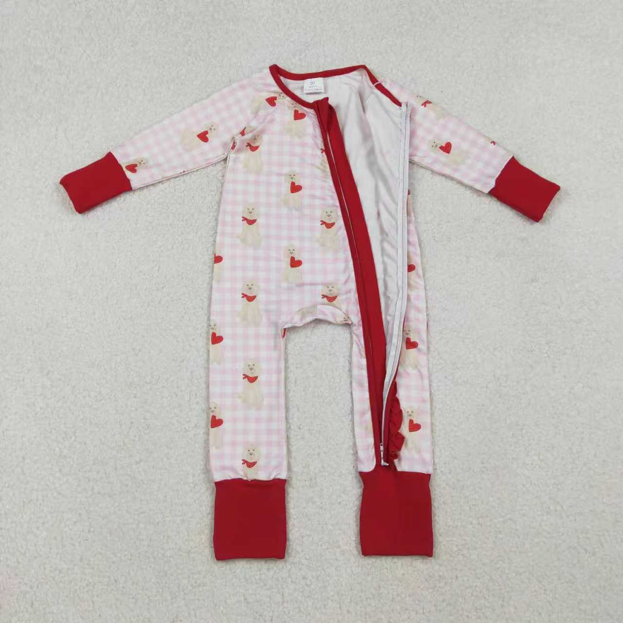 Mama and Me Girls Hearts Dogs Valentine Pajamas Set Ruffle Dress Zipper Romper Mamas Pants Bottom