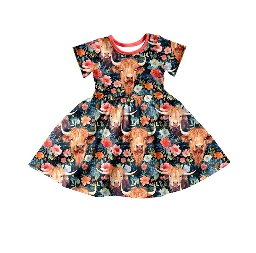 Baby Girls Western Pink Highland Cow Flowers Short Sleeve Knee Length Dresses Preorder(moq 5)