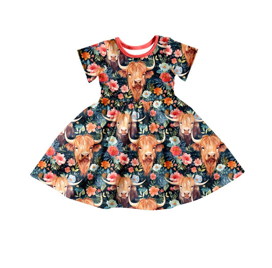 Baby Girls Western Pink Highland Cow Flowers Short Sleeve Knee Length Dresses Preorder(moq 5)