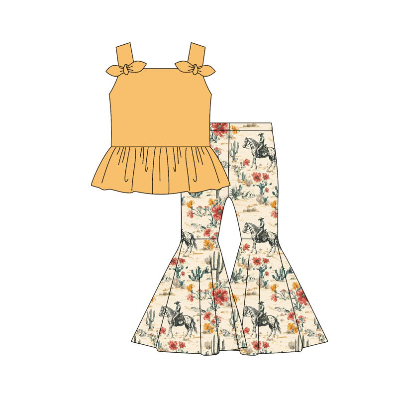 Preorder moq 5 Baby Girls Yellow Strap Bows Tunic Horse Rodeos Flowers Bell Bottom Pants Set