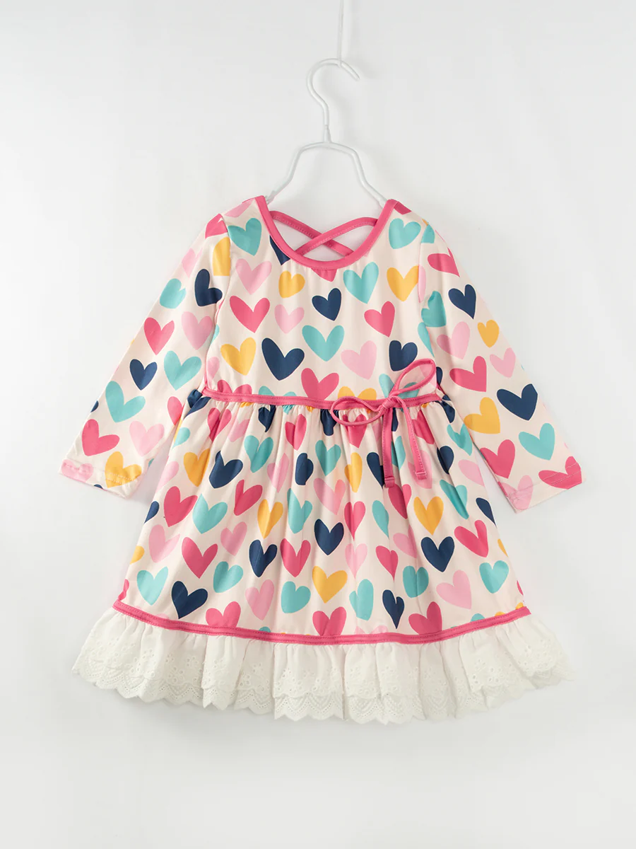 Baby Girls Valentines Colorful Hearts Red Knee Length Dresses preorder(moq 5)