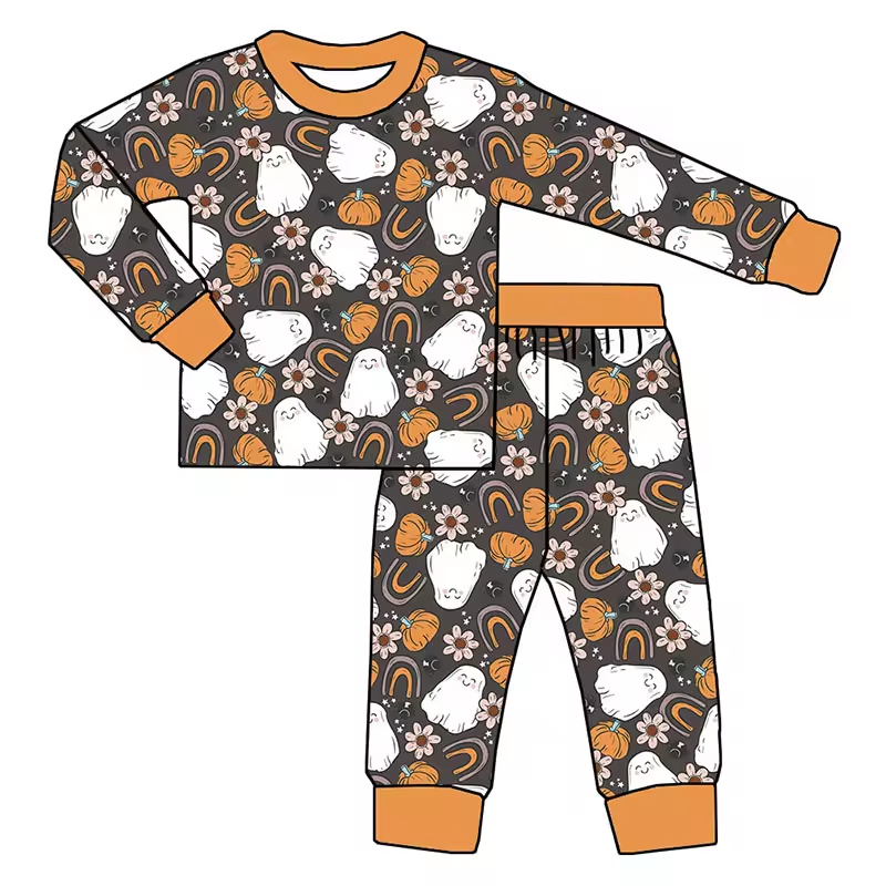 Baby Girls Bamboo Halloween Pumpkin Ghost Shirt Pants Pajamas Clothes Sets Preorder(moq 5)