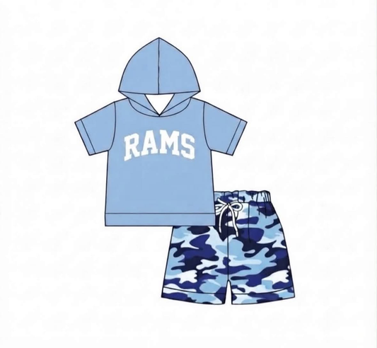 Preorder moq 5 Baby Boys Rams Hooded Shirt Top Shorts Outfits Clothes Sets