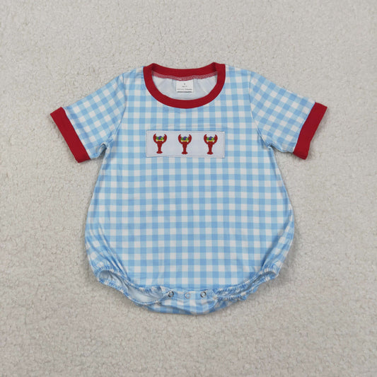 Embroidery Anchor Crayfishes Baby Boys Blue Checked Mardigras Rompers
