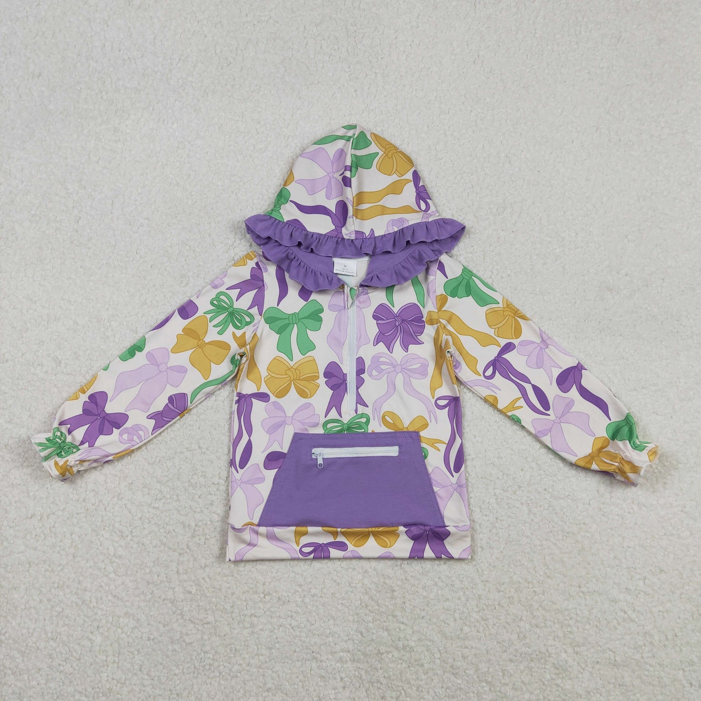 Baby Girls Mardigras Bows Pocket Zipper Ruffle Hoodies Top