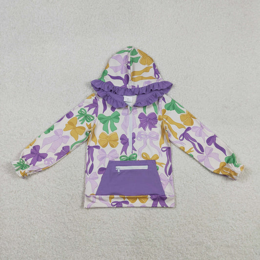 Baby Girls Mardigras Bows Pocket Zipper Ruffle Hoodies Top