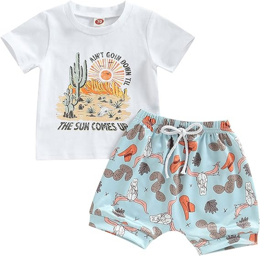 Baby Boys Cactus Shirt Cows Western Blue Shorts Clothes Sets preorder (moq 5)