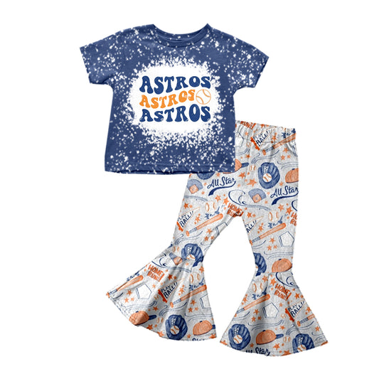Baby Girls Baseball Blue Team Tee Shirts Stripes Bell Pants Clothes Sets preorder(moq 5)