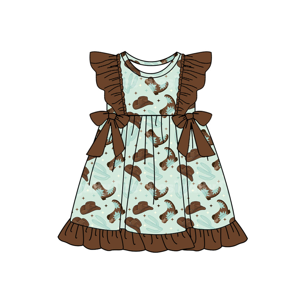 Preorder (moq 5)Baby Girls Western Boots Bows Knee Length Dresses