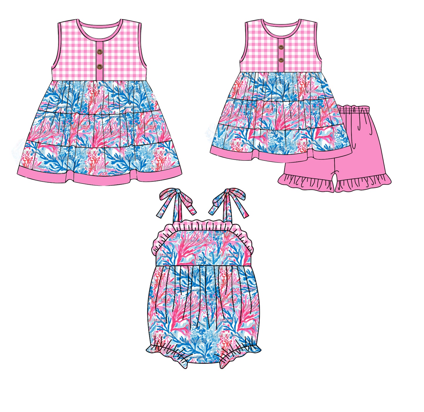 Preorder(moq 5 each)Sibling Baby Girls Pink Seaweed Checkered Summer Romper Dress Shorts Sets