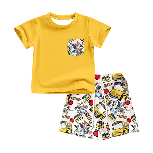 Baby Boys Back To School Dog Pocket Shirt Shorts Clothes Sets preorder(moq 5)