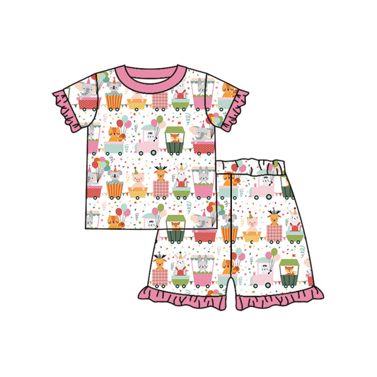 Preorder (moq 5)Baby Girls Pink Birthday Animals Shirt Top Shorts Pajamas Clothes Sets