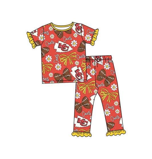 Preorder (moq 5)Baby Girls KC Chief Bows Flowers Shirt Top Pants Pajamas Clothes Sets