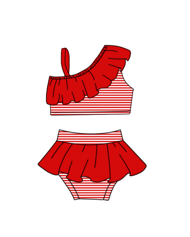 Preorder moq 5 Baby Girls Red Stripe Strap Vest Top Bummies Short Team Swimsuits