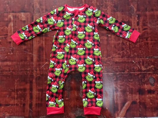 Baby Infant Checkered Green Face Frog Christmas Zip Rompers preorder(moq 5)