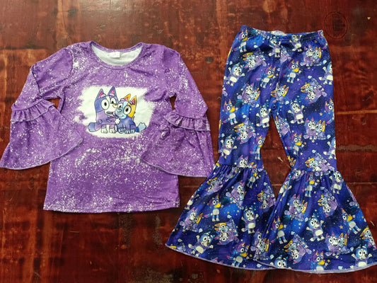 Baby Girls Purple Cartoon Dog Shirt Top Bell Pants Clothing preorder(moq 5)