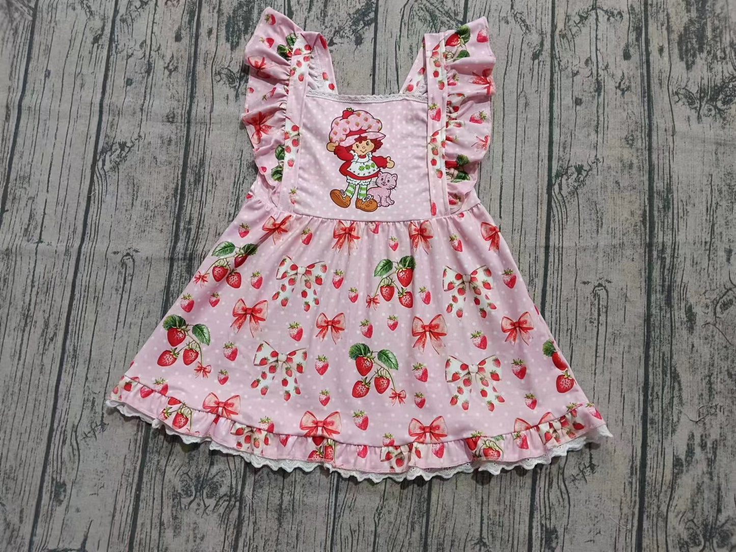 Preorder(moq 5) Baby Girls Pink Flutter Sleeves Strawberry Girls Ruffle Knee Length Dresses