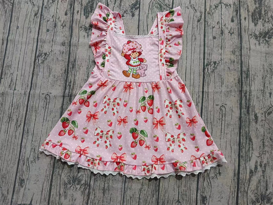 Preorder(moq 5) Baby Girls Pink Flutter Sleeves Strawberry Girls Ruffle Knee Length Dresses