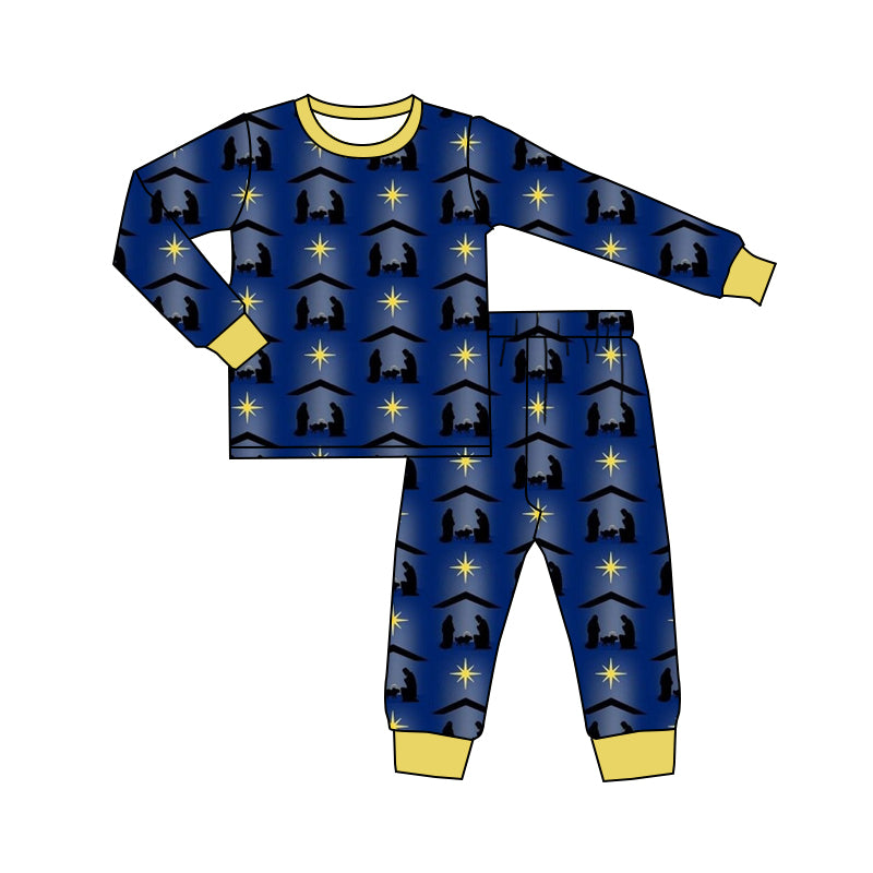 Baby Boys Christmas Blue Nativity Top Pants Pajamas Clothes Sets Preorder(moq 5)