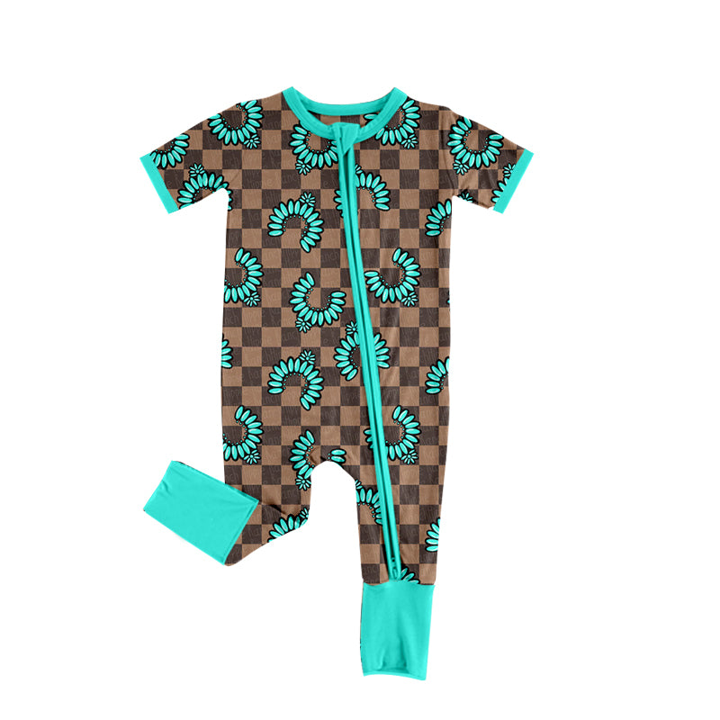 Preorder (moq 5)Baby Boys Khaki Checked Turquoises Western Zipper Footie Rompers