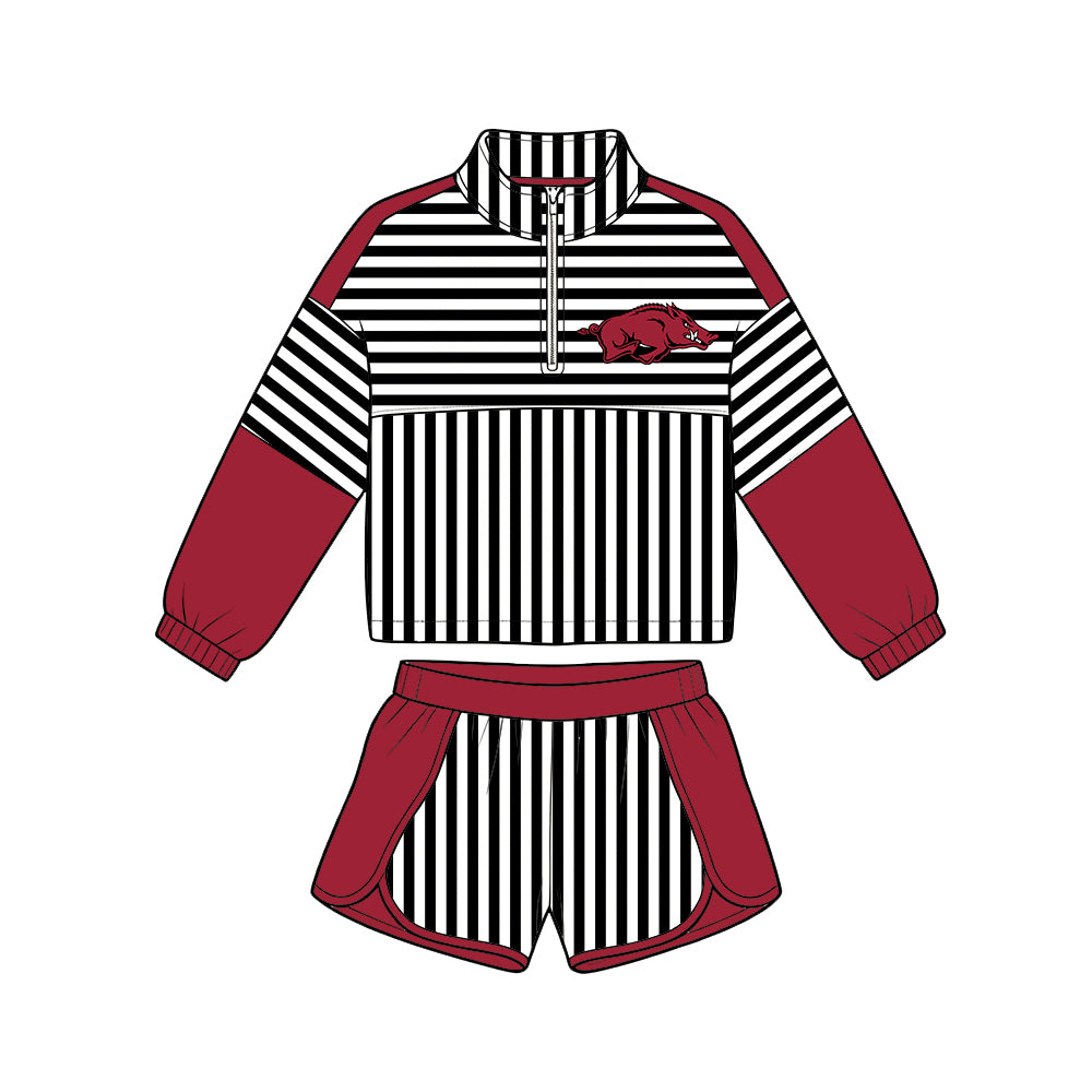 Preorder (moq 5)Baby Girls Black Stripe Arkansas Zip Pullovers Short Team Clothes Set