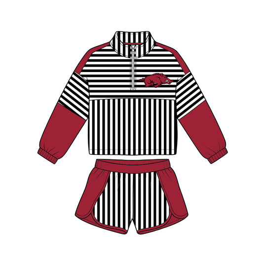 Preorder (moq 5)Baby Girls Black Stripe Arkansas Zip Pullovers Short Team Clothes Set