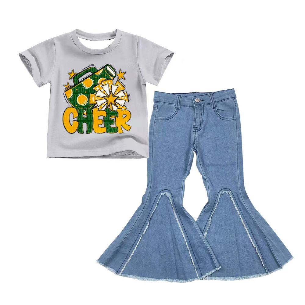 preorder(moq 5) Baby Girls Green Orange Cheer Team Tee Shirts Tops denim Bell pants sets