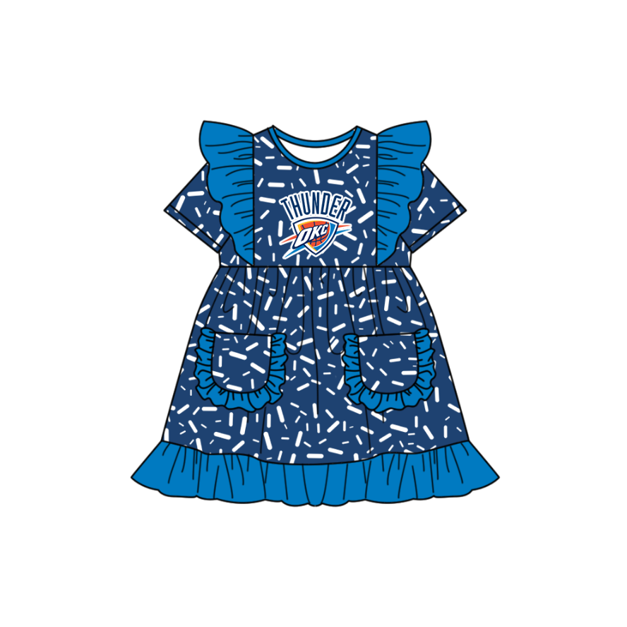 Preorder (moq 5)Baby Girls Flutter Short Sleeve Blue Sprinkles OKC Pockets Team Ruffle Knee Length Dresses