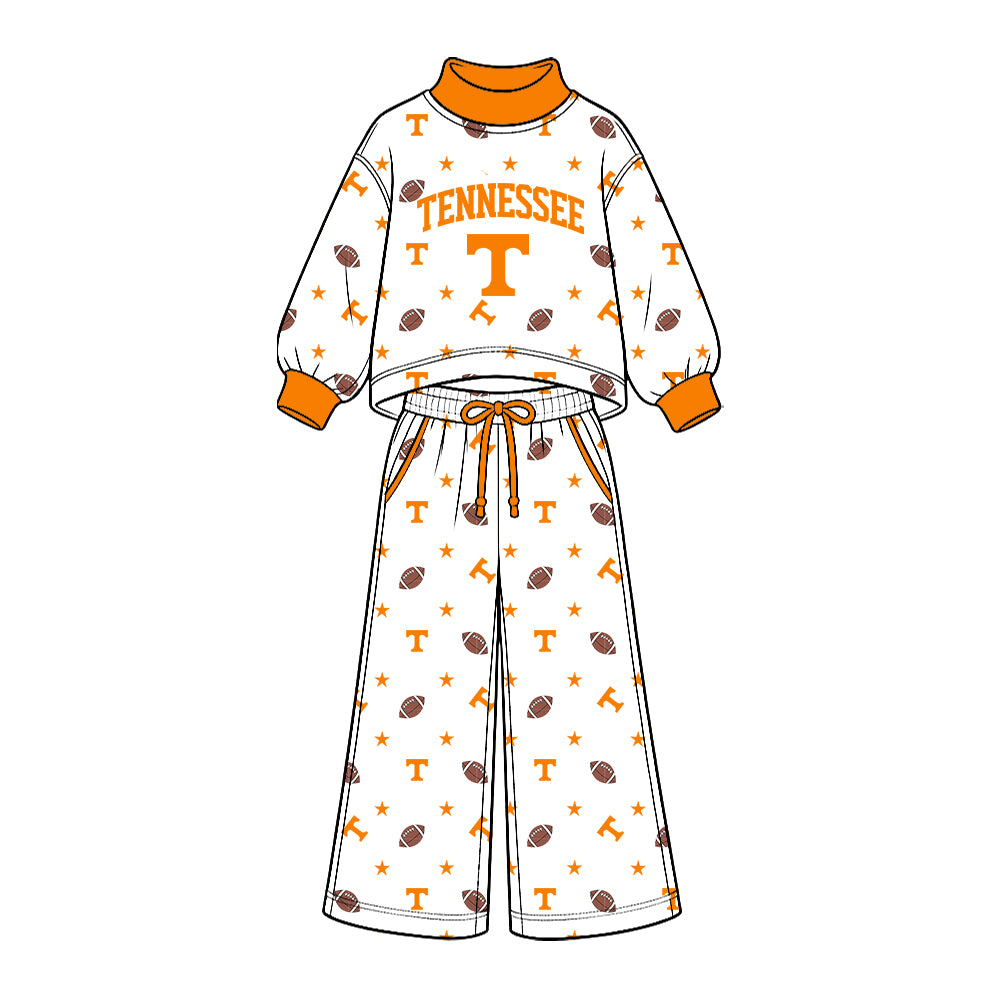 Preorder (moq 5) Baby Girl Clothes Tennessee Volunteers T Logo Football Star Allover Print Long Sleeve Mock Neck Top Wide Leg Pant Outfit Set