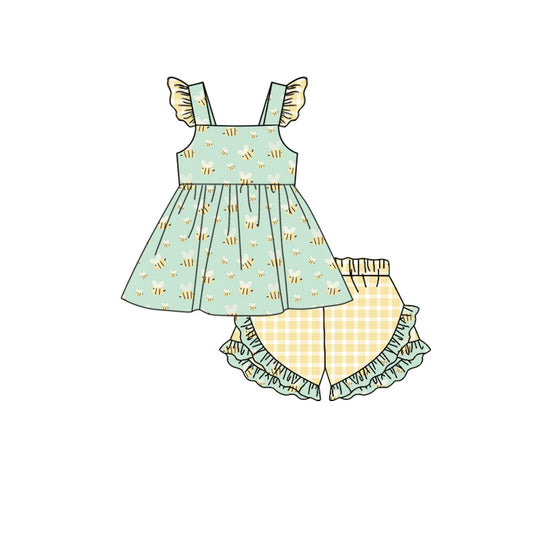Preorder (moq 5)Baby Girls Spring Honey Bee Tunic Top Ruffle Shorts Clothes Sets