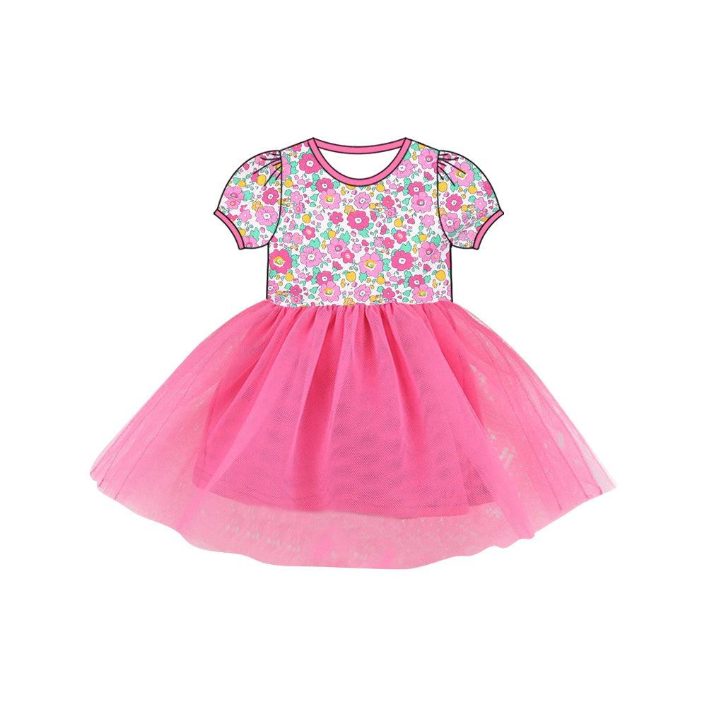 Preorder (moq 5)Baby Girls Short Sleeve Pink Flowers Tulle Knee Length Dresses