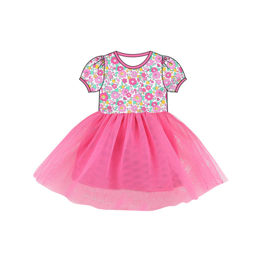 Preorder (moq 5)Baby Girls Short Sleeve Pink Flowers Tulle Knee Length Dresses