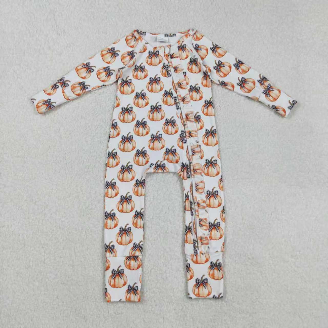 Sibling Baby Girls Bows Pumpkins Button Fal Pajamas Clothes Sets Zipper Footie Rompers