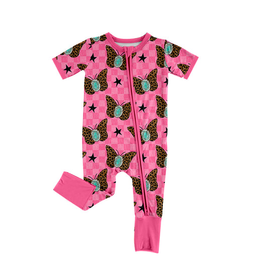 Baby Infant Girls Pink Leopard Butterfly Zips Rompers preorder(moq 5)