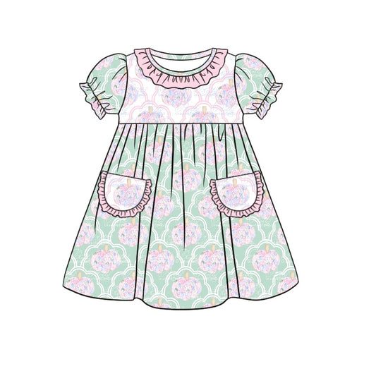 Baby Girls Green Pumpkin Ruffle Pockets Knee Length Dresses Preorder(moq 5)