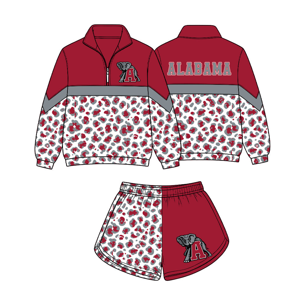 Preorder (moq 5)Baby Girls Grey Red Leopard Alabama Zip Pullovers Short Team Clothes Set