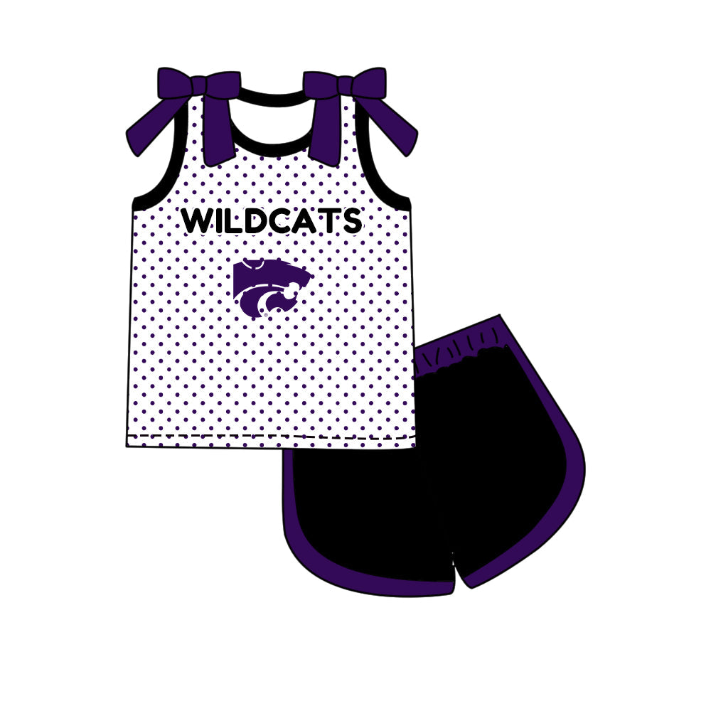 Preorder (moq 5)Baby Girls Bows Wildcats Polka Dots Top Short Team Clothes Set