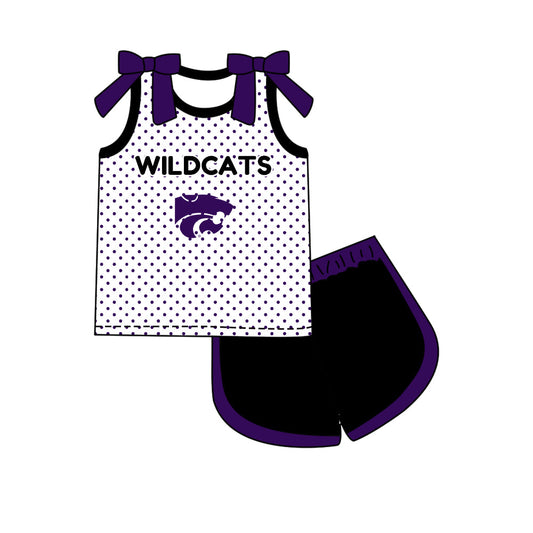 Preorder (moq 5)Baby Girls Bows Wildcats Polka Dots Top Short Team Clothes Set
