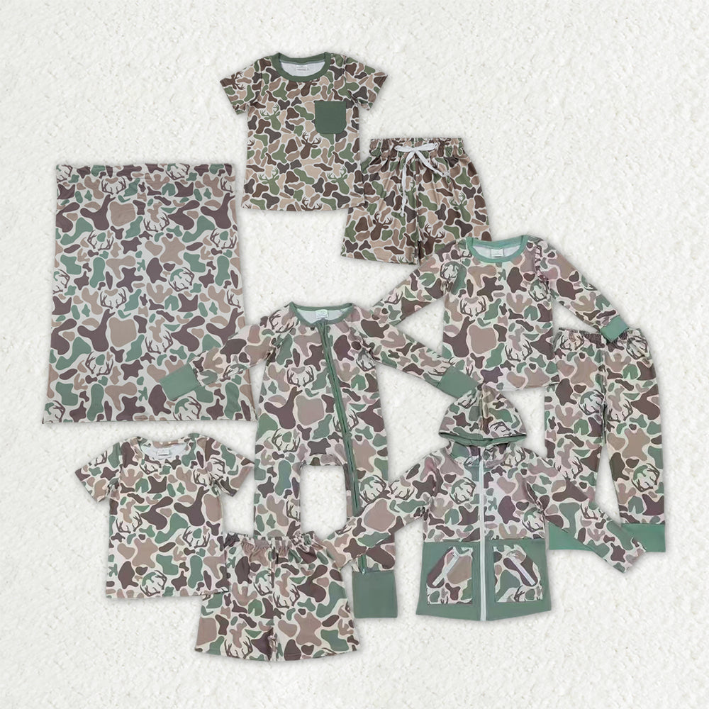 Sibling Baby Boys Deer Camo Hunting Pajamas Set Zip Romper Hoodies Top Blanked