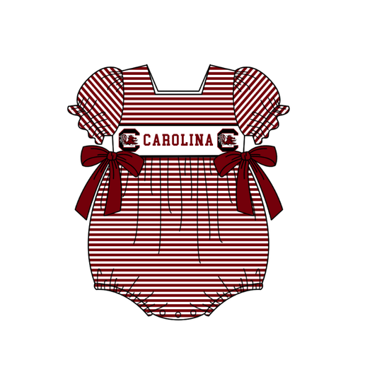 preorder(moq 5) Baby Girls Red Stripe Short Sleeve Carolina Team Ruffle Rompers